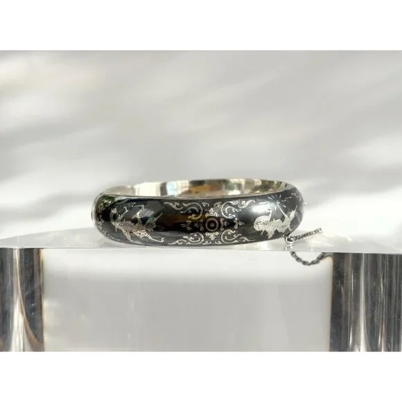 Siam Sterling Silver 925 Hand Carved Hinged Enclosure Vintage Bangle Bracelet - Picture 4 of 16